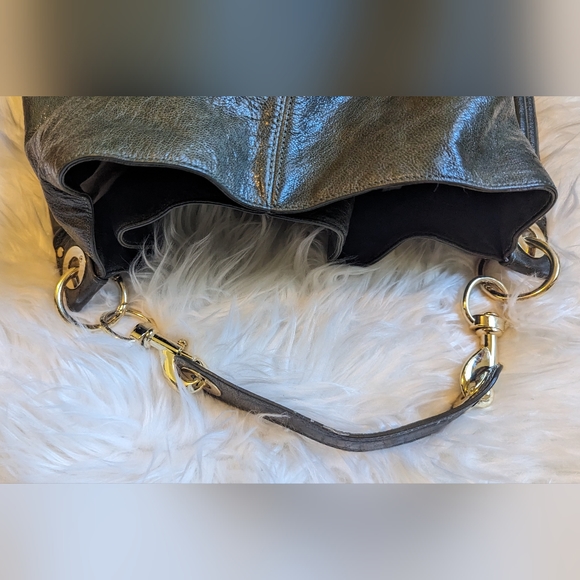 EUC Rebecca Minkoff dark green shiny soft leather interior blue/blk polka dot - Picture 11 of 14